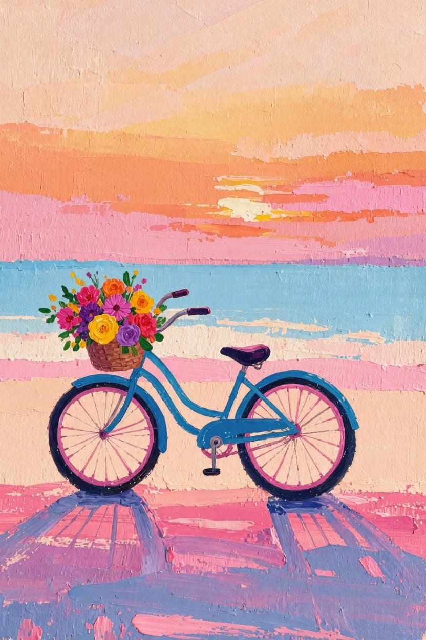 Blue bicycle with basket of colorful flowers on a beach at sunset over blue ocean with orange-pink sky.