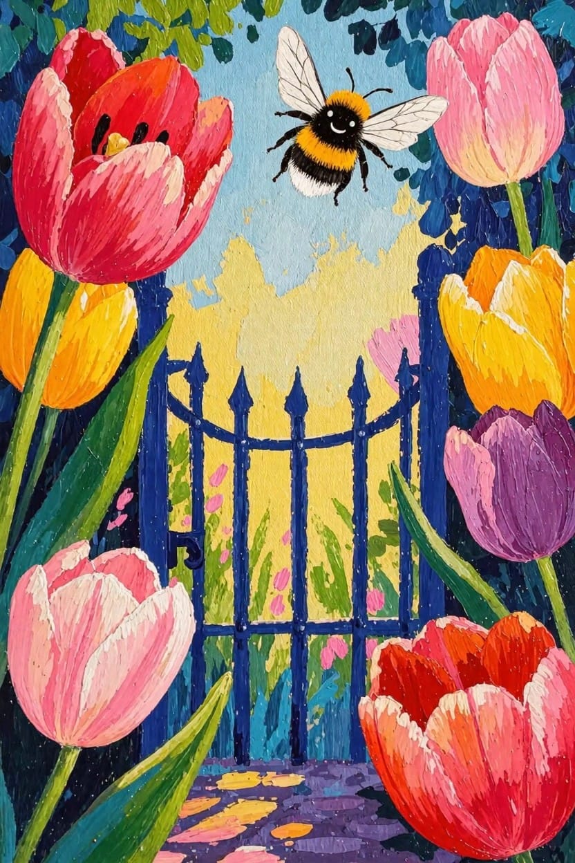 A black-and-yellow bumblebee flies center-frame toward a blue wrought-iron garden gate surrounded by multicolored tulips and green foliage.