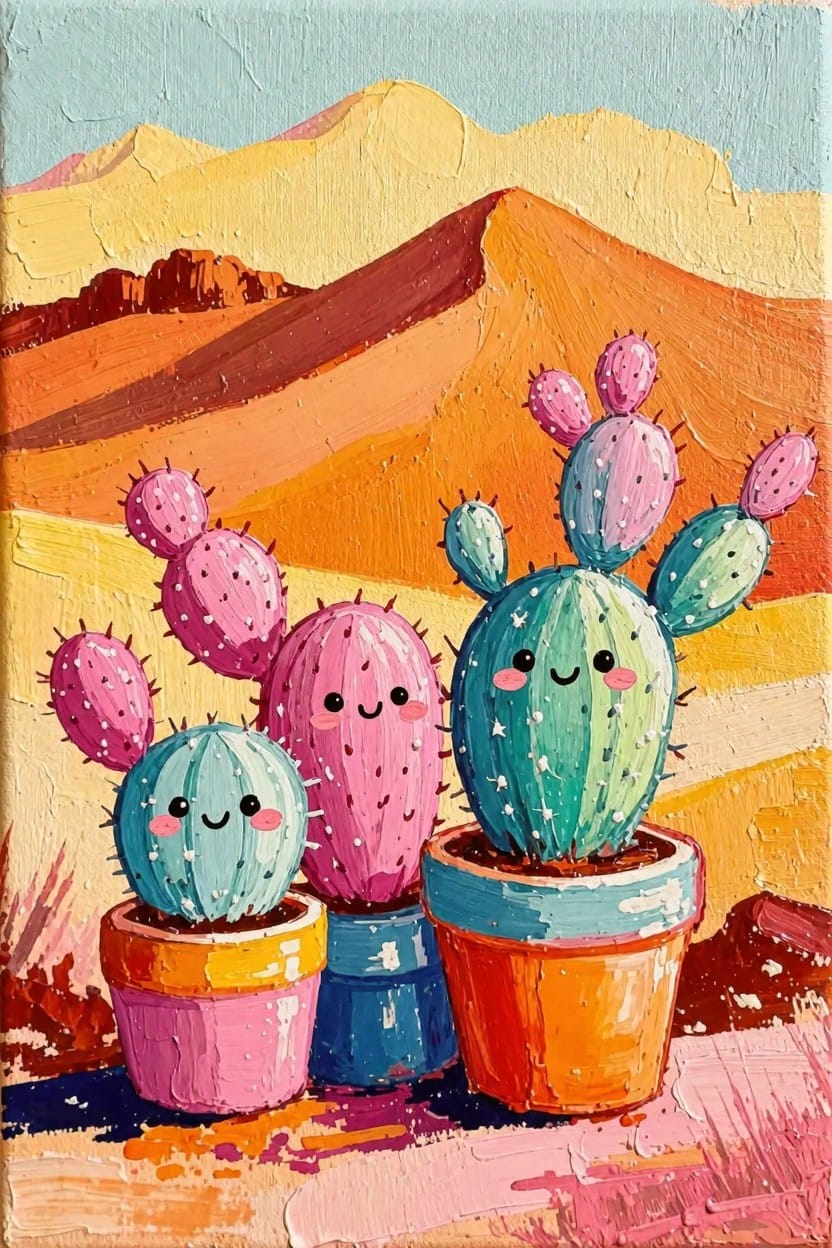 Three anthropomorphic cacti with happy faces in pink, blue, and orange pots against orange desert dunes.