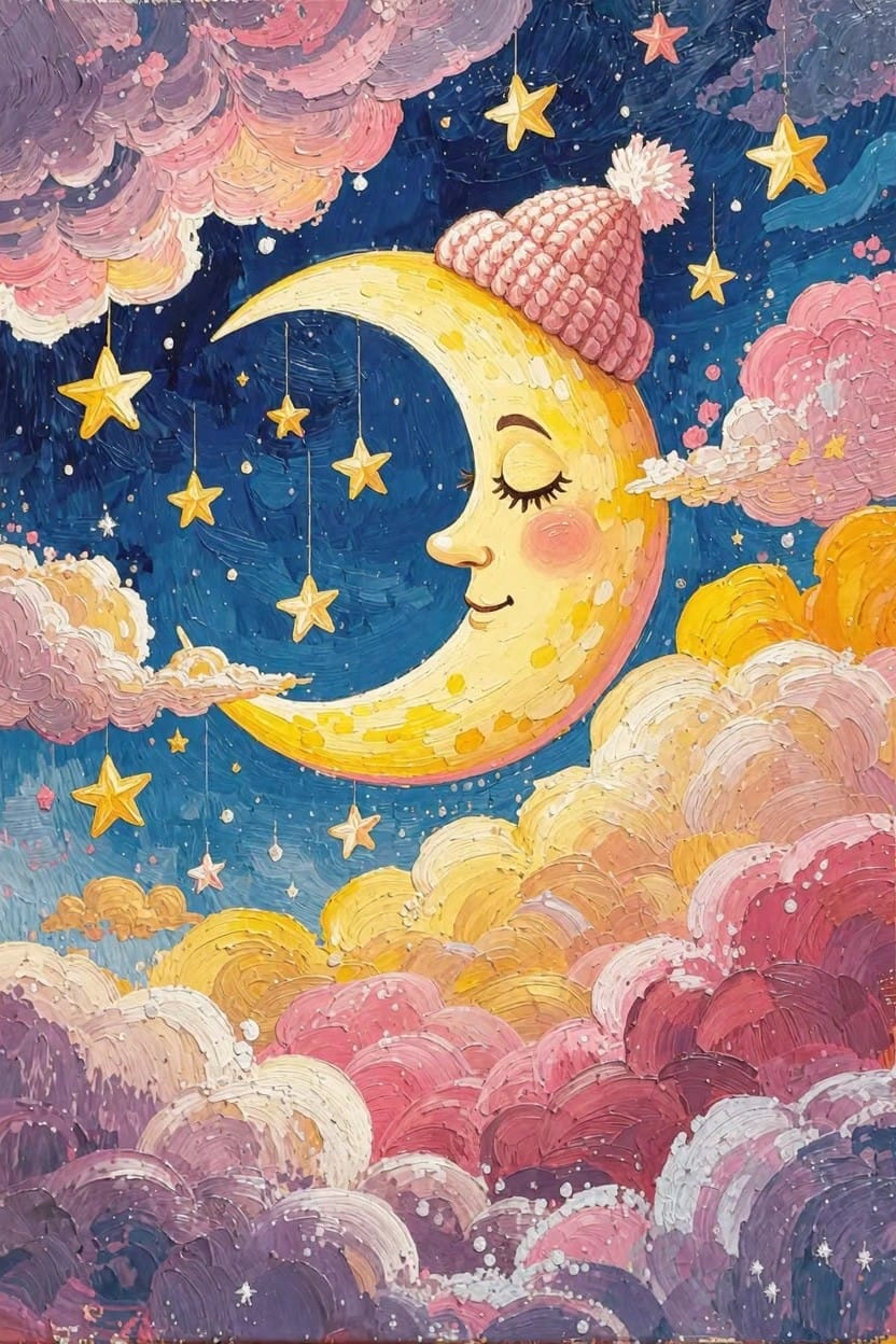 Cute crescent moon with face, pink knit hat, dangling stars, and colorful clouds on a night sky background.