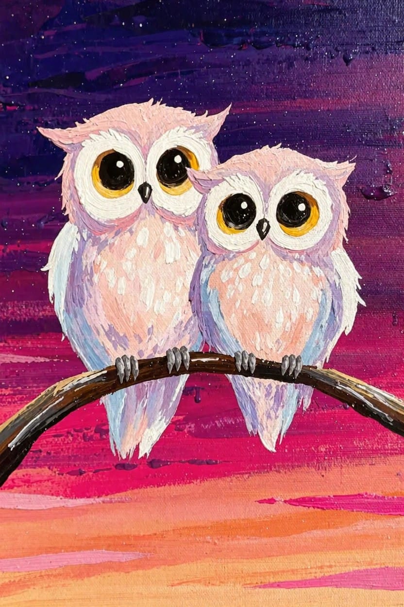 Two fluffy pink owls with large yellow eyes perch on a branch against a purple-pink-orange sunset sky.