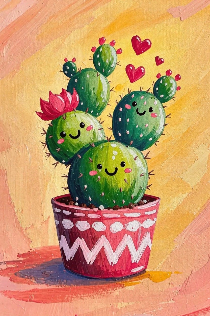 Three green cacti with smiling faces and small arms sit in a red pot, surrounded by pink hearts and a flower, on a yellow-orange background.
