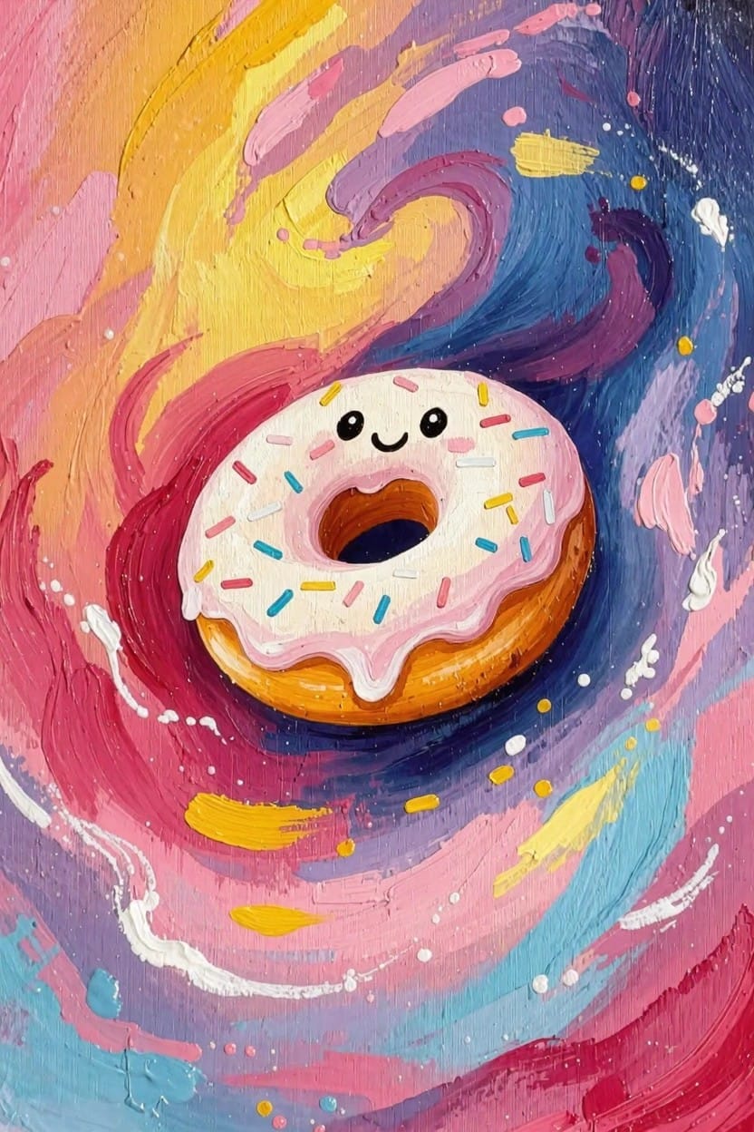 A pink-frosted donut with sprinkles and a smiling face floats centrally in a vibrant abstract background of swirling yellow, pink, blue, and purple colors.