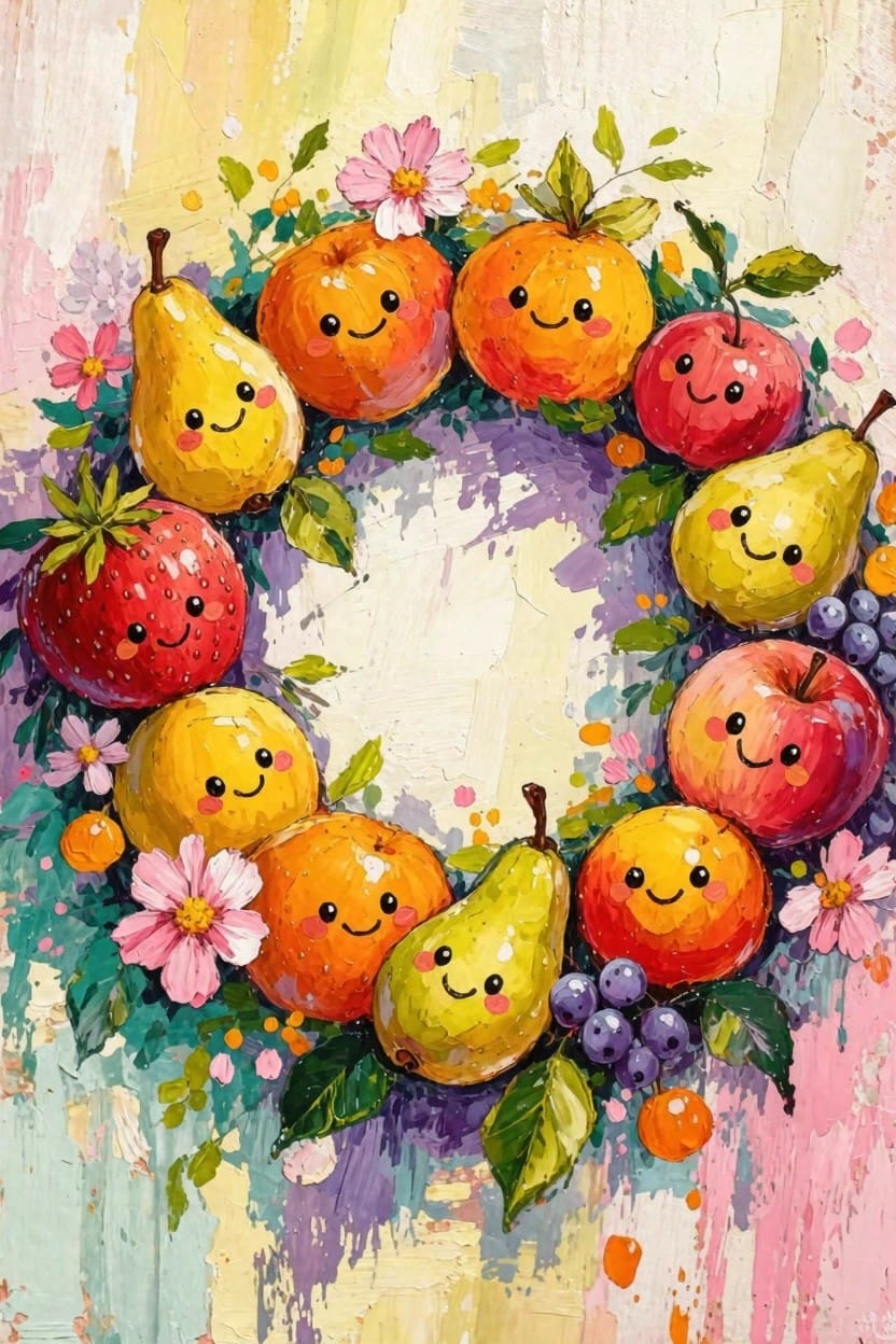 Colorful circular wreath of smiling cartoon apples, pears, oranges, grapes, and flowers on a textured pastel background.
