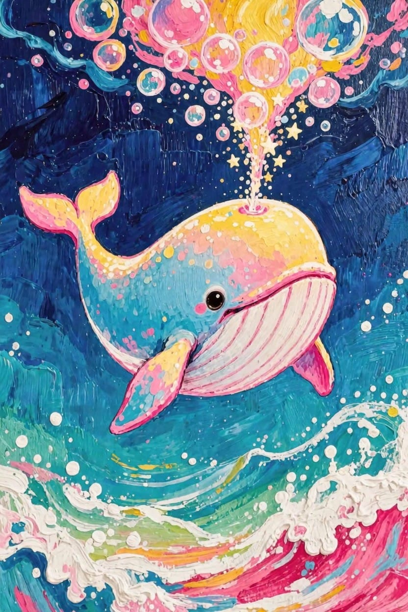A stylized blue humpback whale with pink and yellow accents spouts a burst of pink, yellow, and gold bubbles against a dark blue background with green waves.