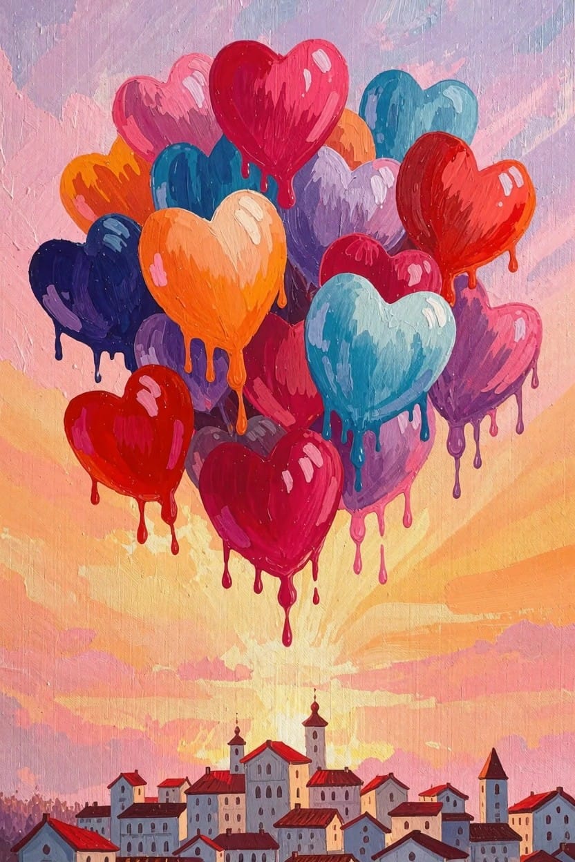 Cluster of colorful dripping heart-shaped balloons floating above a village at sunset.