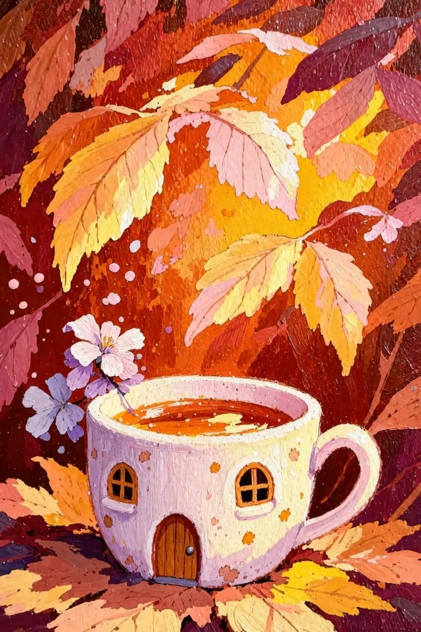 White mug shaped like a house with door and windows, filled with orange liquid and topped with a purple flower, surrounded by red and orange autumn leaves.