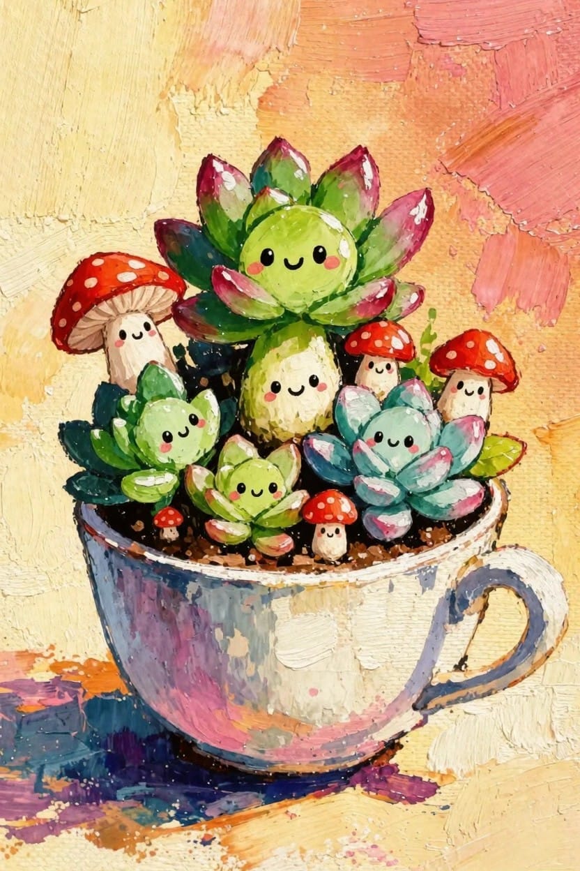 Watercolor-style painting of cute-faced succulents and mushrooms growing in a white cup on a textured warm background.
