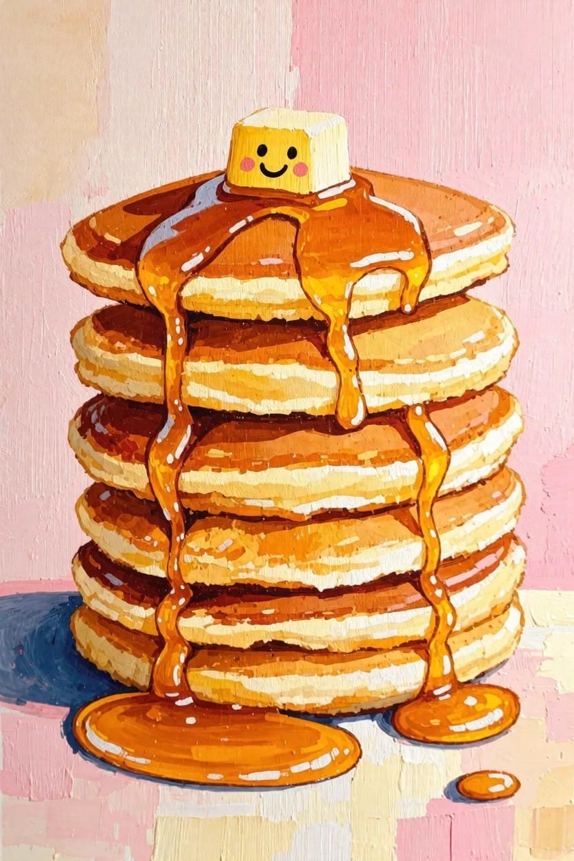 Stack of golden pancakes with dripping syrup and a smiling yellow butter pat on top against a pink background.