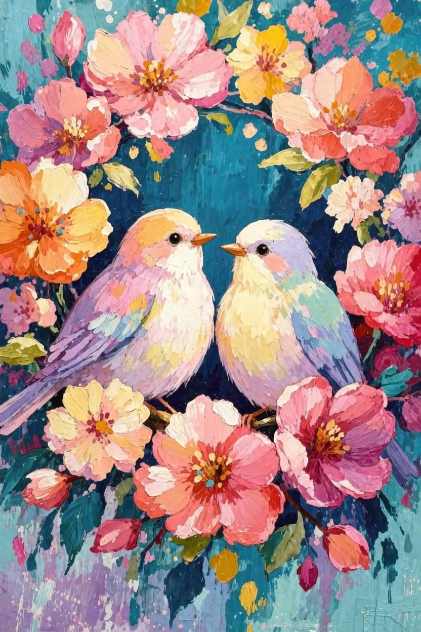 Two small pastel birds face each other at the center of a wreath made from pink, orange, and yellow flowers on a teal background.
