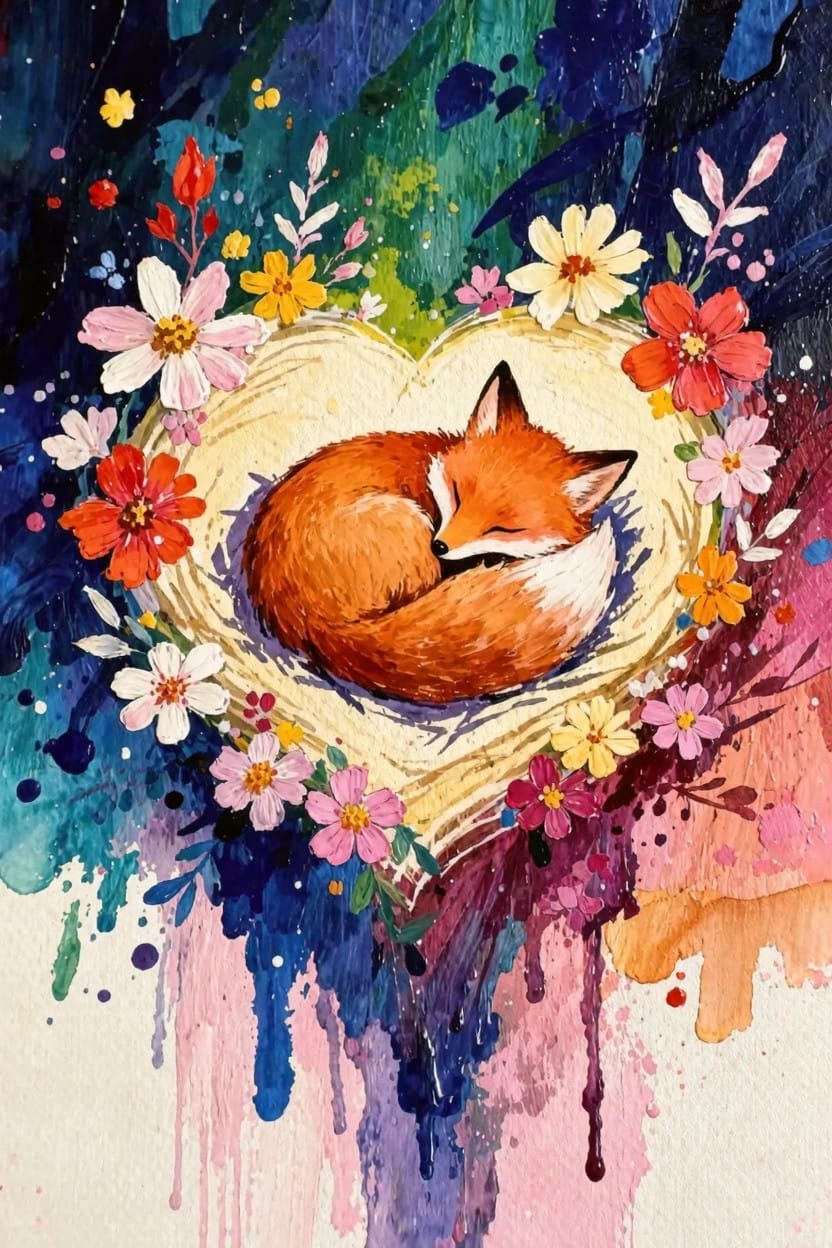 A sleeping orange fox curled inside a yellow woven heart-shaped nest surrounded by colorful flowers against a blue-purple splashy background.