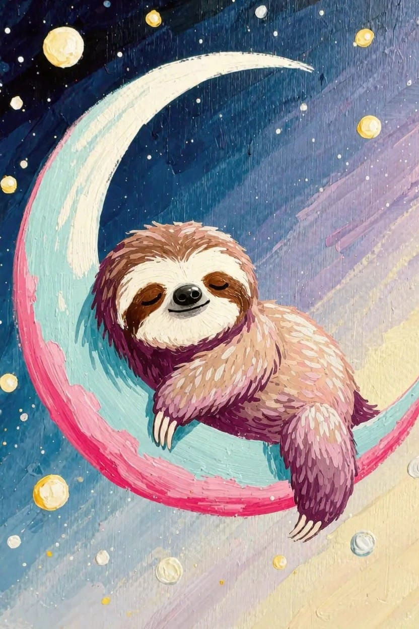 A brown sloth with fluffy fur sleeps curled on a pink-blue crescent moon amid yellow stars and planets in a purple-blue sky.