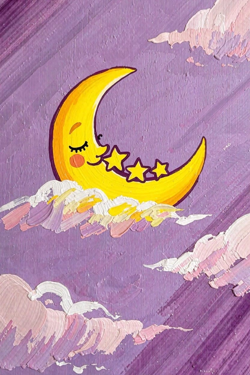 A bright yellow crescent moon with a sleepy smiling face and small stars curves against purple clouds and sky.