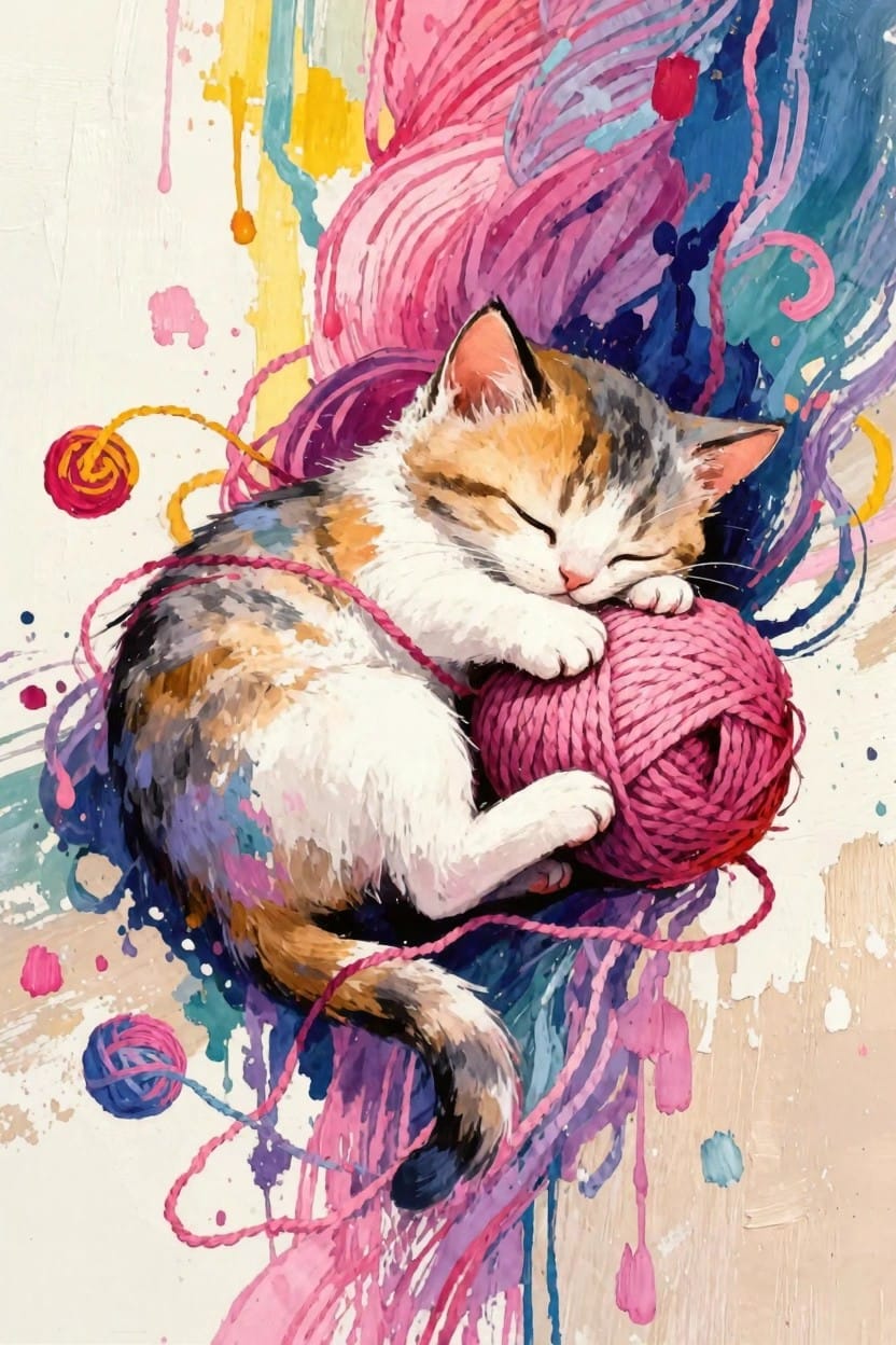 Colorful painting of a calico kitten sleeping curled around a pink yarn ball with swirling yarn strands and splatters in the background.
