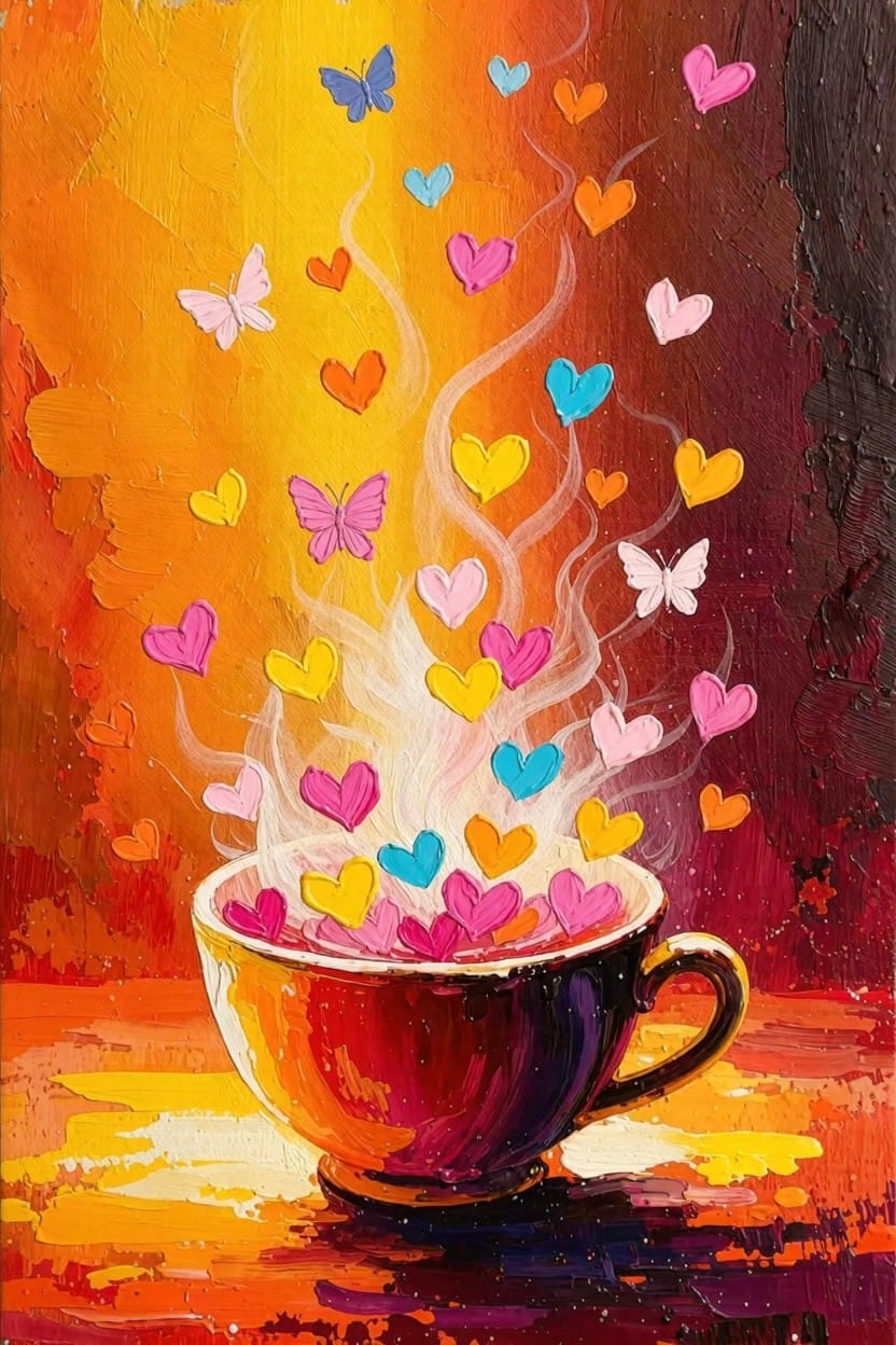 An orange mug sits on a warm surface with colorful hearts and butterflies swirling upward like steam in vibrant pinks, yellows, blues, and purples against a textured orange background.