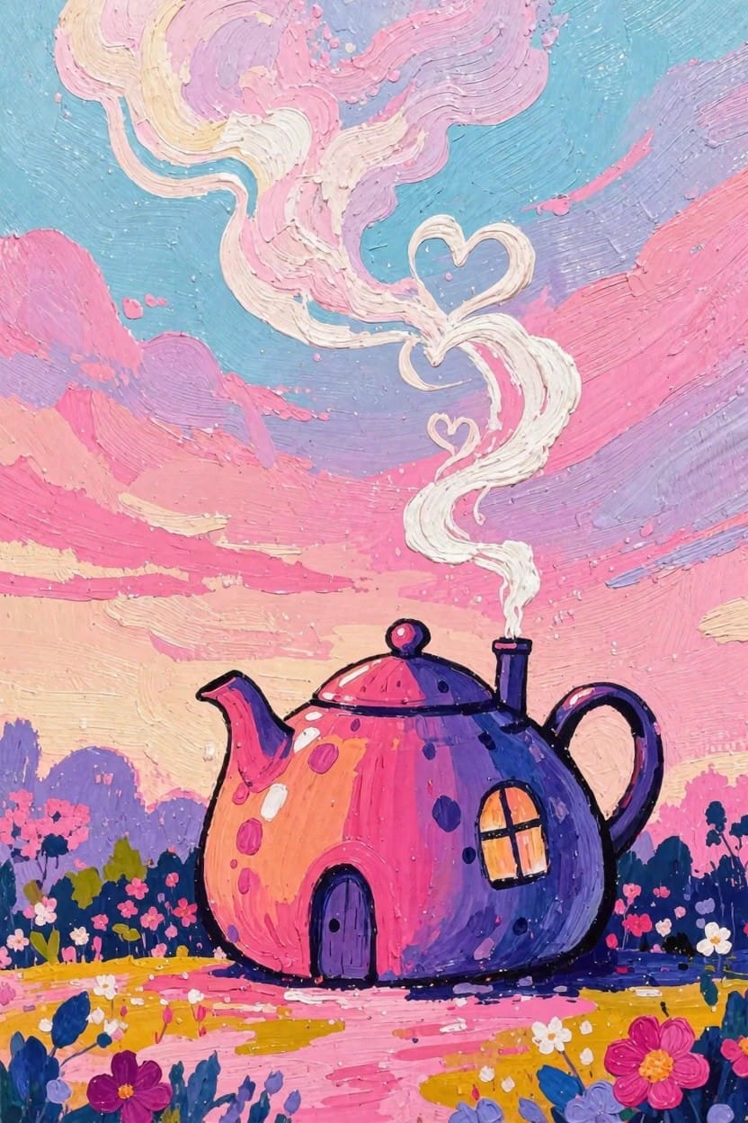 Pink polka-dotted teapot shaped like a house with purple window and door, steam forming hearts from the spout, on a flower field under pastel sky.