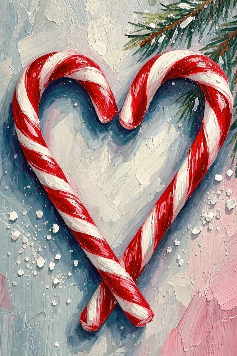 Two red-and-white striped candy canes arranged in a heart shape with green pine branches on top, surrounded by white sparkles on a textured blue-and-pink background.