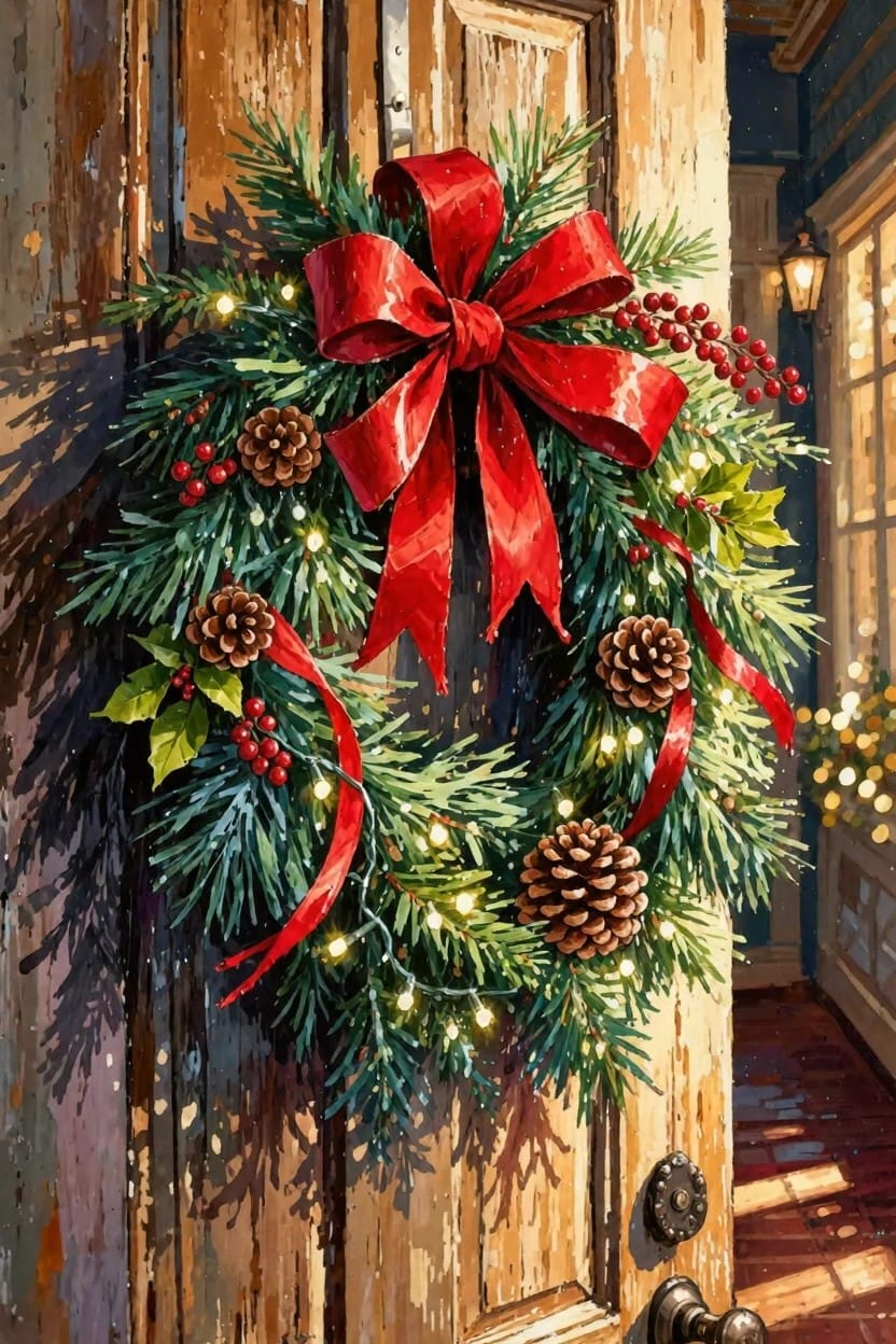 A realistic painting of a detailed Christmas wreath with red ribbon, pinecones, berries, holly, and lights on a weathered wooden door lit by a lantern and interior glow.
