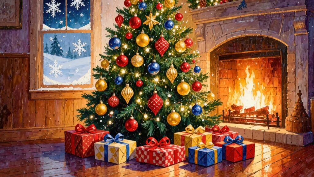 Acrylic painting of a decorated Christmas tree with colorful ornaments in a cozy room featuring a fireplace, snowy window, candles, and wrapped presents.