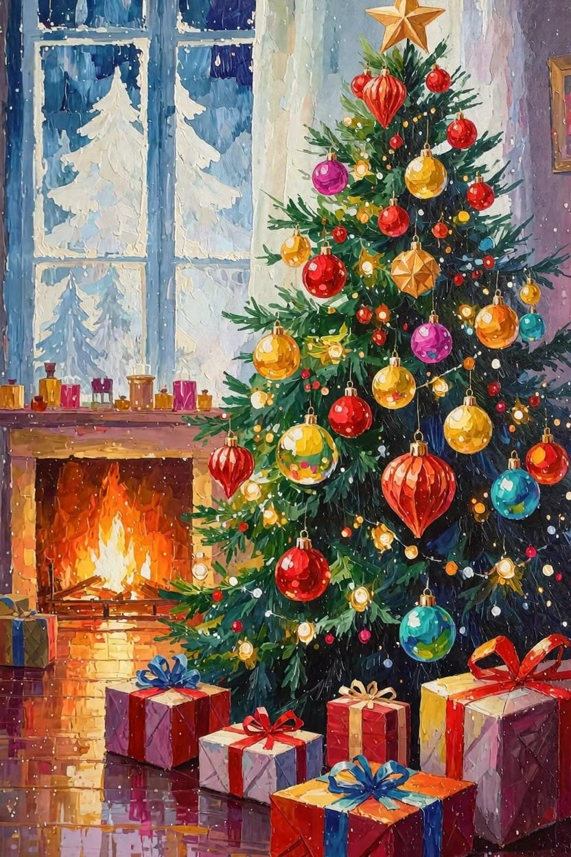 Acrylic painting of a decorated Christmas tree with colorful ornaments in a cozy room featuring a fireplace, snowy window, candles, and wrapped presents.