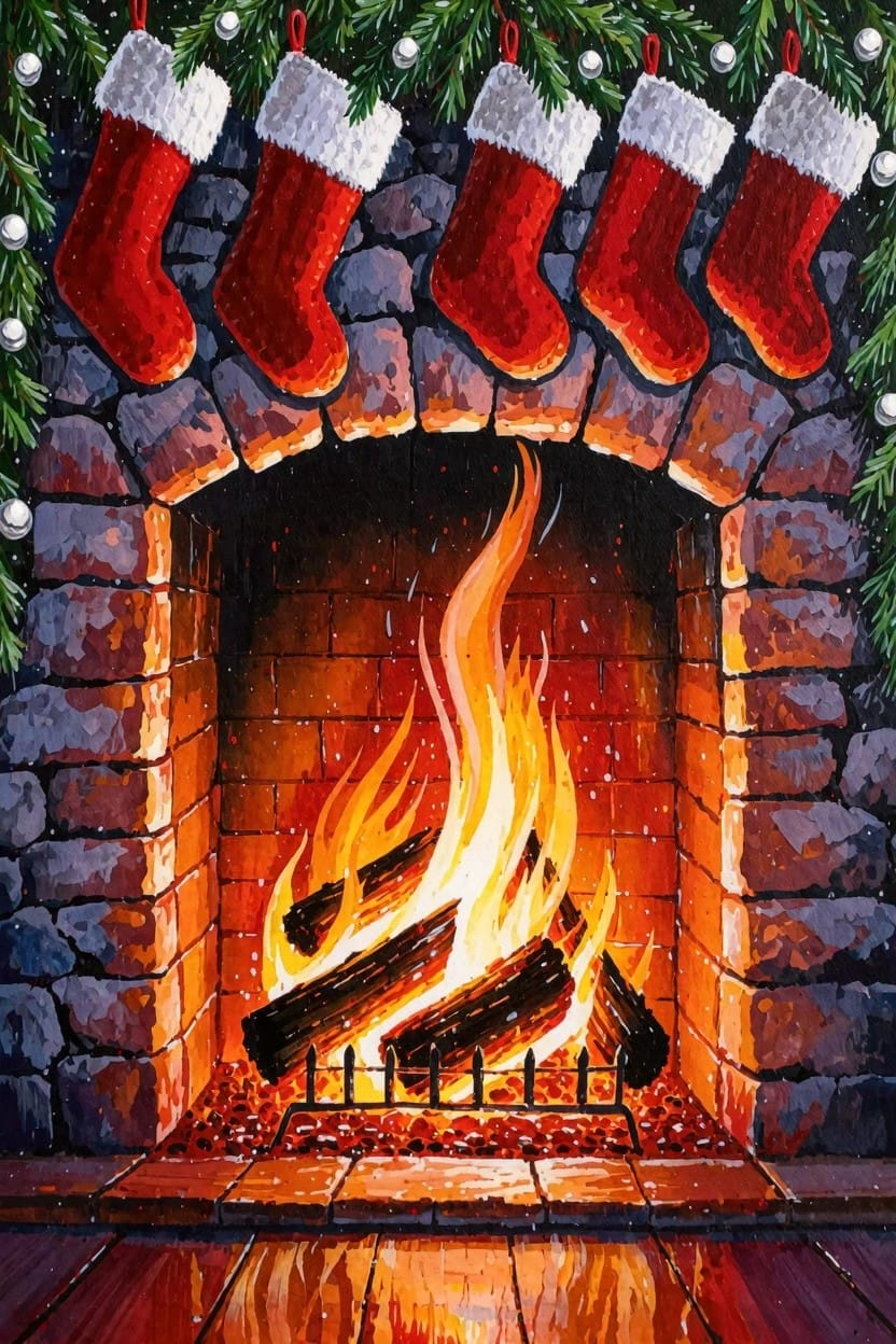Painting of a stone fireplace with orange fire inside, five red Christmas stockings hanging from the mantel, and green garlands around the edges.