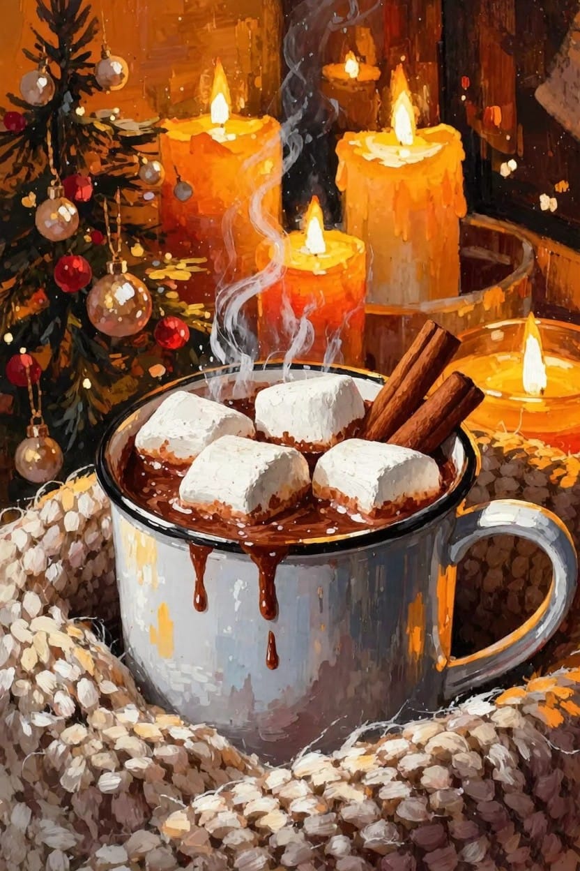 A detailed painting of a mug with hot chocolate, marshmallows, and cinnamon sticks surrounded by candles, Christmas ornaments, and a small tree branch on a knitted surface.