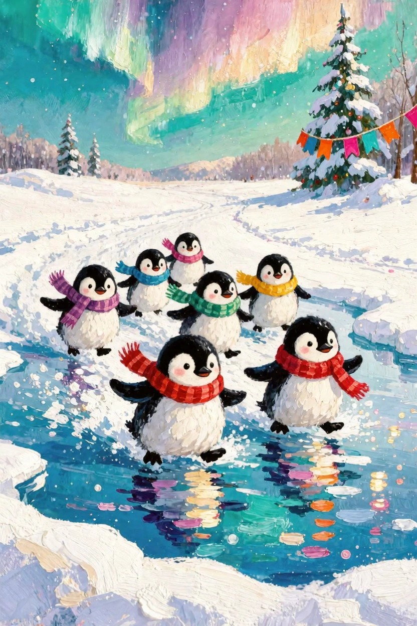 Colorful penguins with scarves waddle in a line across a frozen stream under a northern lights sky with snowy pine trees and garlands.