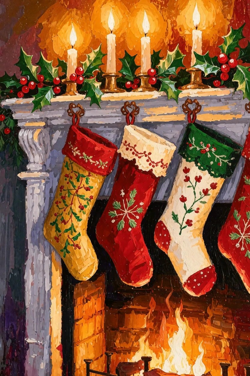Painting of colorful embroidered Christmas stockings hanging from a mantel with lit candles, holly berries, and a fireplace burning below.