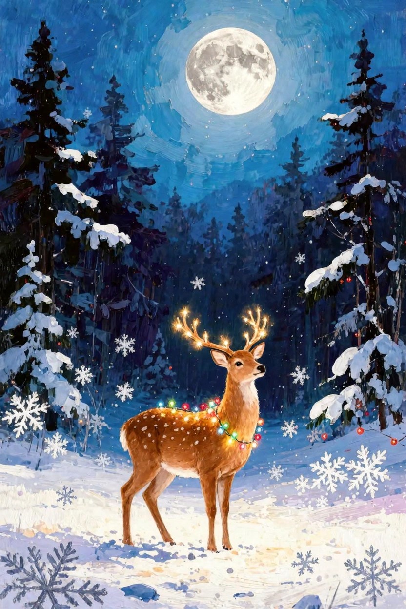 A brown deer with green and multicolored Christmas lights on its antlers stands in a snowy forest with pine trees under a large full moon at night.