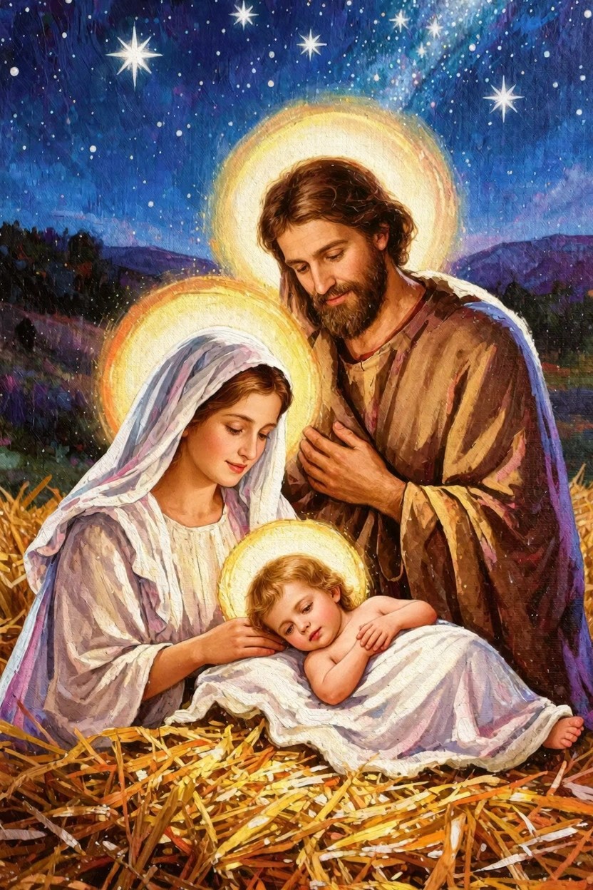Painting of Mary, Joseph, and baby Jesus with golden halos in a hay manger under a starry night sky and mountains.