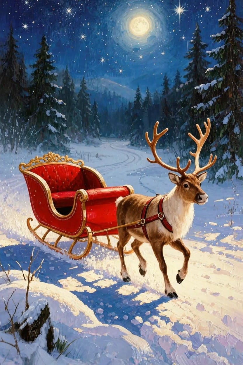 A detailed painting of a red sleigh with gold accents pulled by a brown reindeer on a snowy forest path at night, lit by a full moon and stars with pine trees in the background.