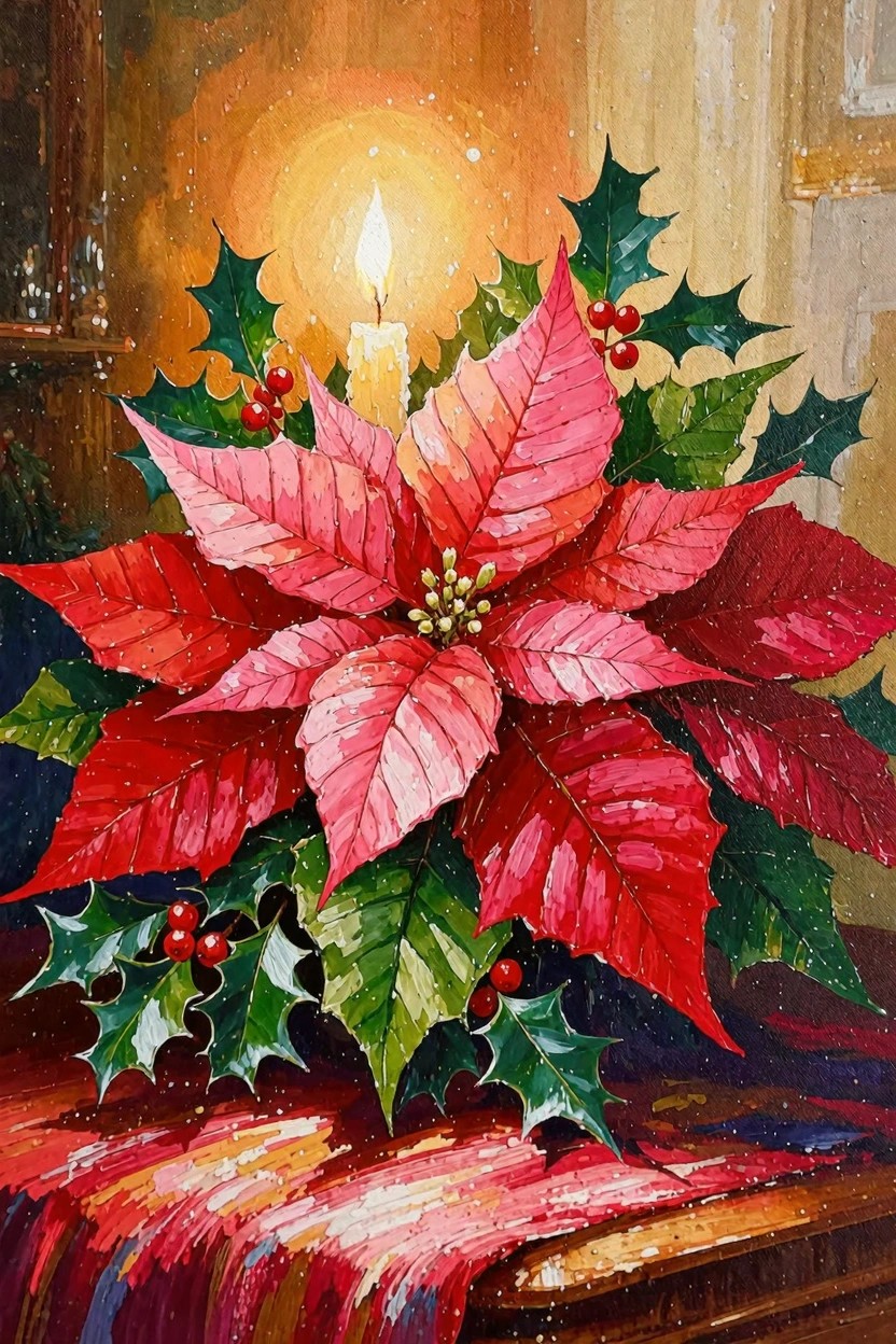 A realistic painting of a large red poinsettia flower with holly leaves, red berries, and a lit candle on a wooden table with colorful fabric.