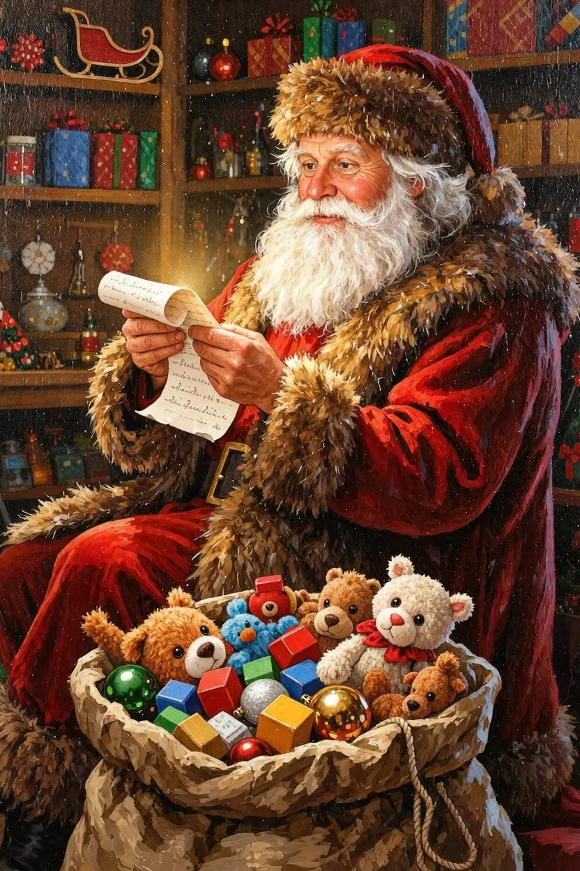 Detailed painting of Santa in red fur suit reading a scrolled letter beside a sack of colorful toys in a shelf-filled workshop.