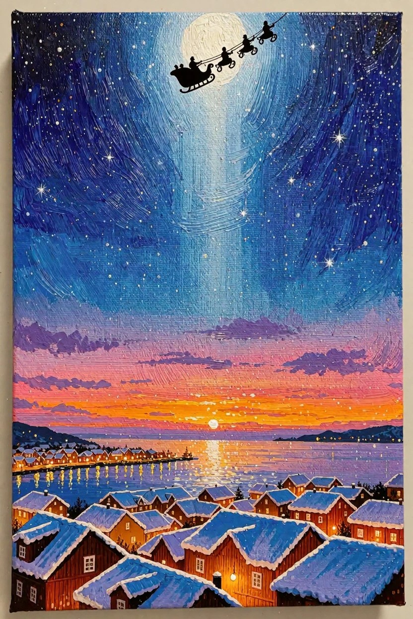 Acrylic painting of Santa's sleigh flying over snow-covered houses by a lake at sunset with starry sky and light beam.