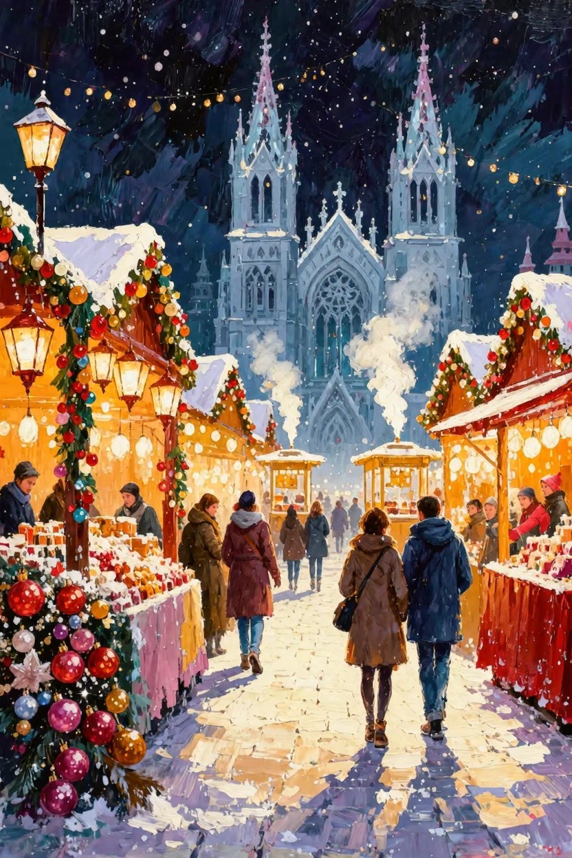 Snowy nighttime Christmas market with lantern-lit stalls and walking figures leading to a tall Gothic cathedral under dark skies.