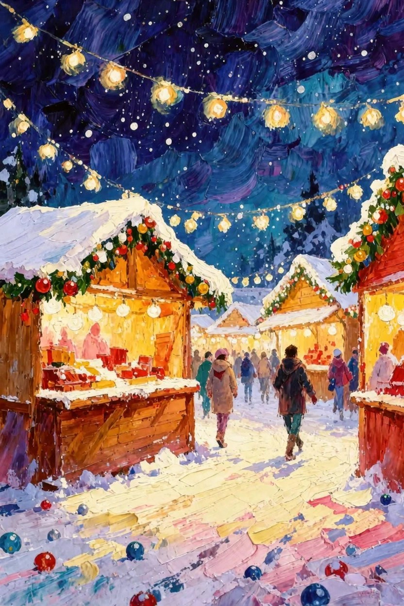 Acrylic painting of a nighttime Christmas market with snowy wooden stalls, garlands, lanterns, people walking a central path, and starry sky.