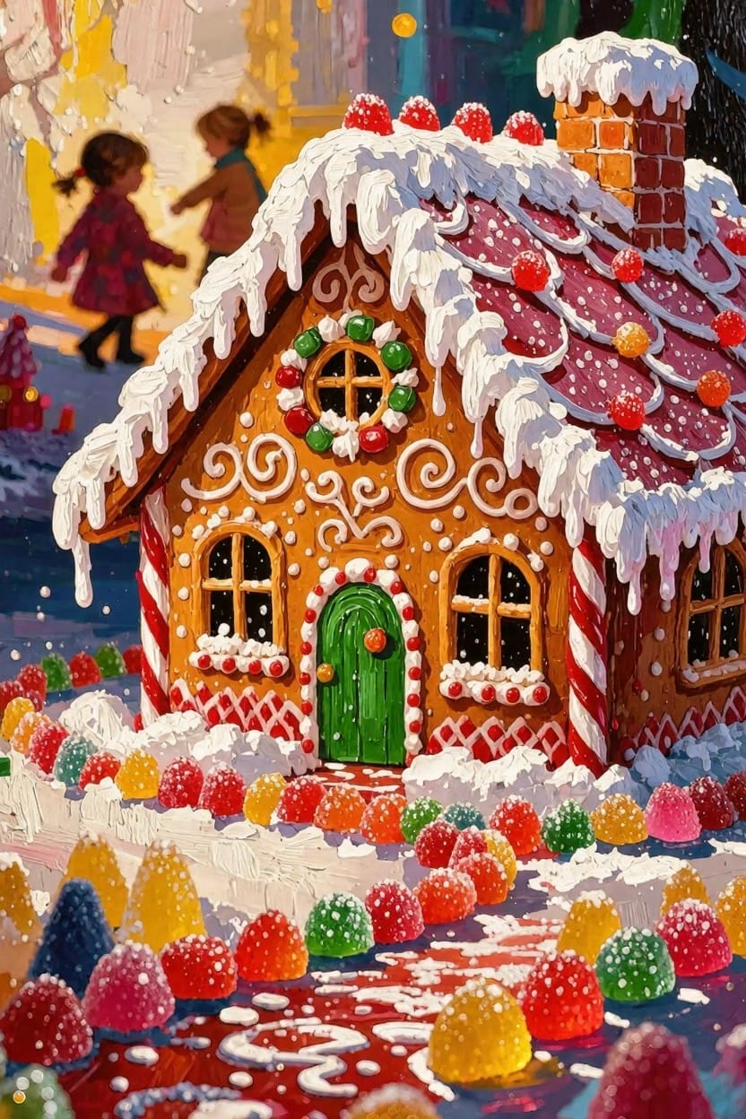 Detailed painting of a snow-covered gingerbread house with candy decorations and a path of colorful gumdrops leading to it, two girls walking nearby in a winter scene.