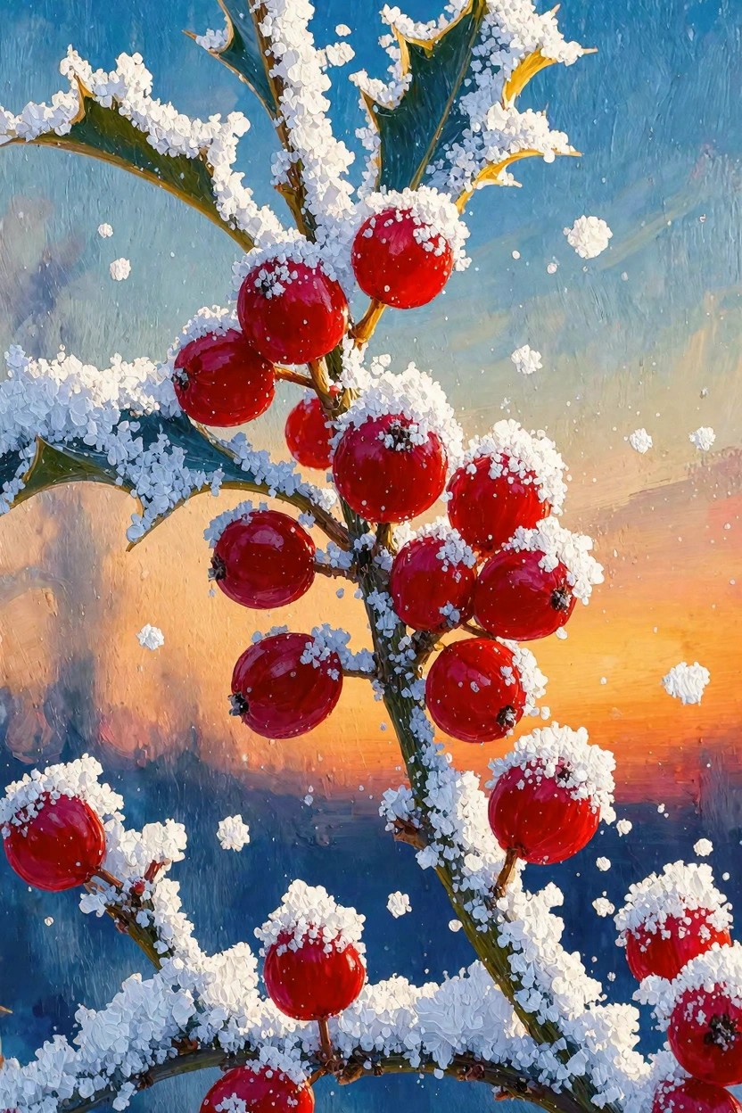 Painterly holly branches with red berries and snow against a blue-to-orange sunset sky with light snowflakes.