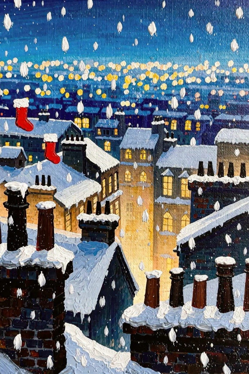 Snowy nighttime cityscape painting from above showing rooftops, chimneys with red Christmas stockings, falling snow, and distant lit buildings.