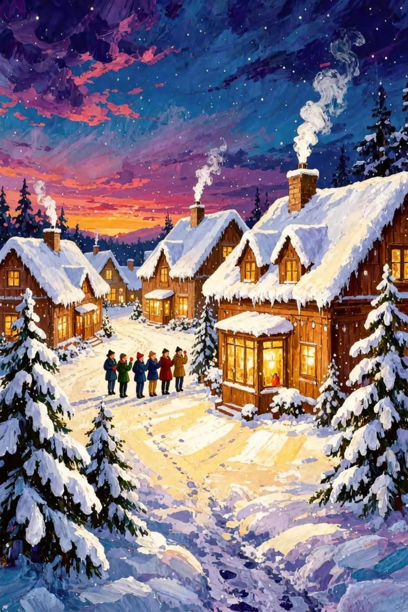 Snowy village with cabins, pine trees, path, bundled people outside a lit house, colorful sunset sky, and chimney smoke.