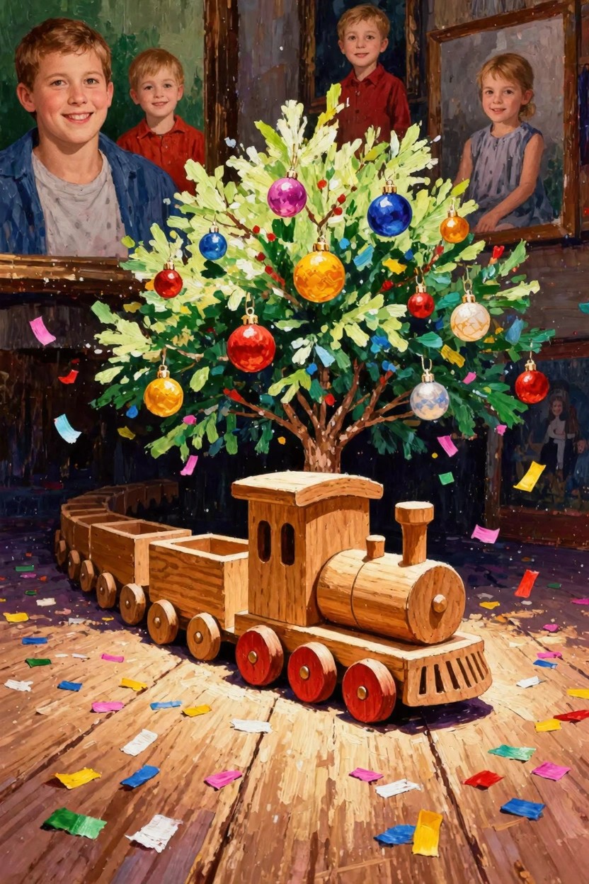 Painting of a decorated Christmas tree encircled by a wooden toy train on a wooden floor with confetti, children's portraits framed behind the tree.