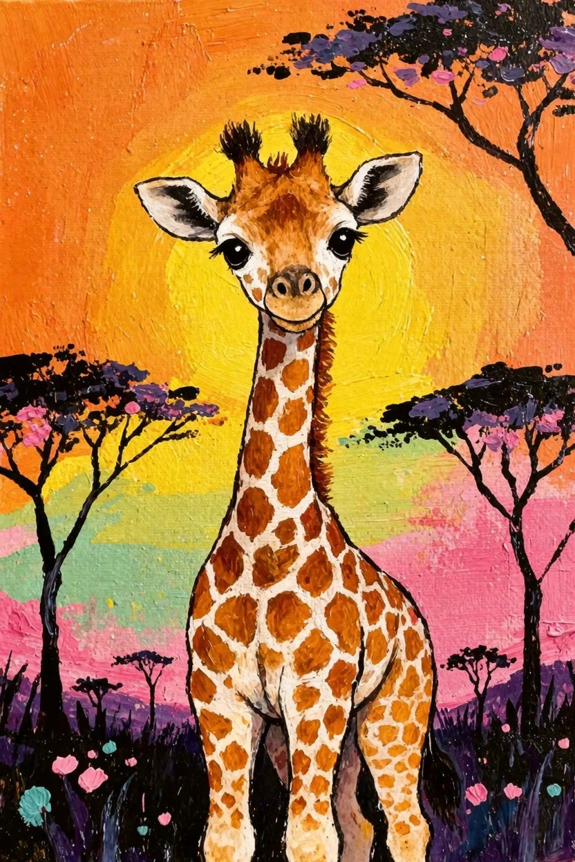 Cute baby giraffe with spotted coat and big eyes stands before an orange sun and silhouetted acacia trees in a colorful orange-pink sunset savanna.