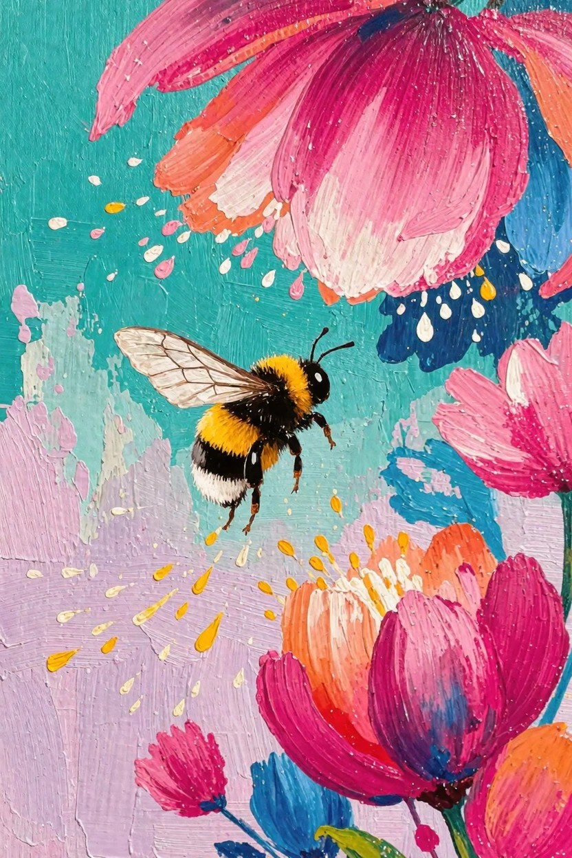 A bumblebee flies near large pink and orange flowers with scattered pollen on a teal and pink textured background.