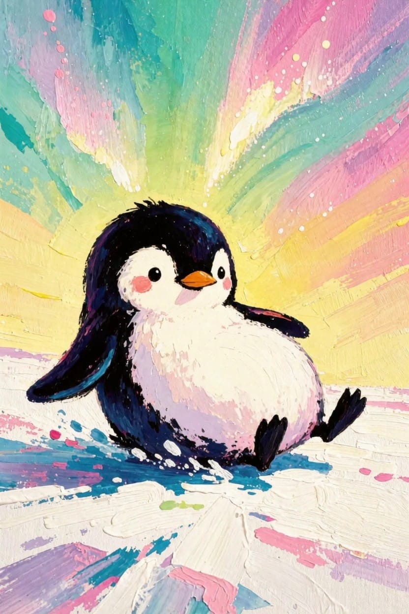 Chubby black-and-white penguin with pink cheeks sits on white ice amid colorful pink, green, yellow, and blue aurora lights.