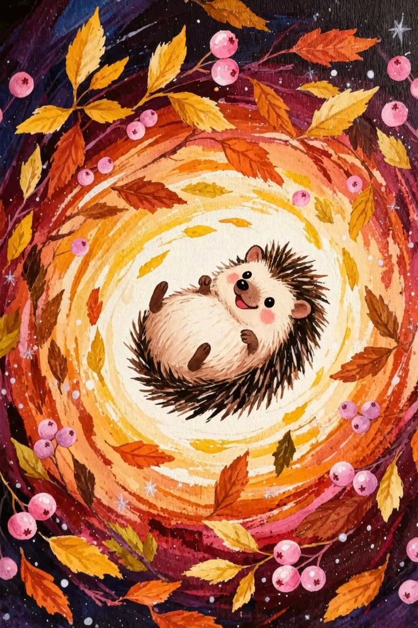 A cute hedgehog sits smiling in the center of a swirling circle of orange, yellow, and red autumn leaves mixed with pink berries on a dark starry background.