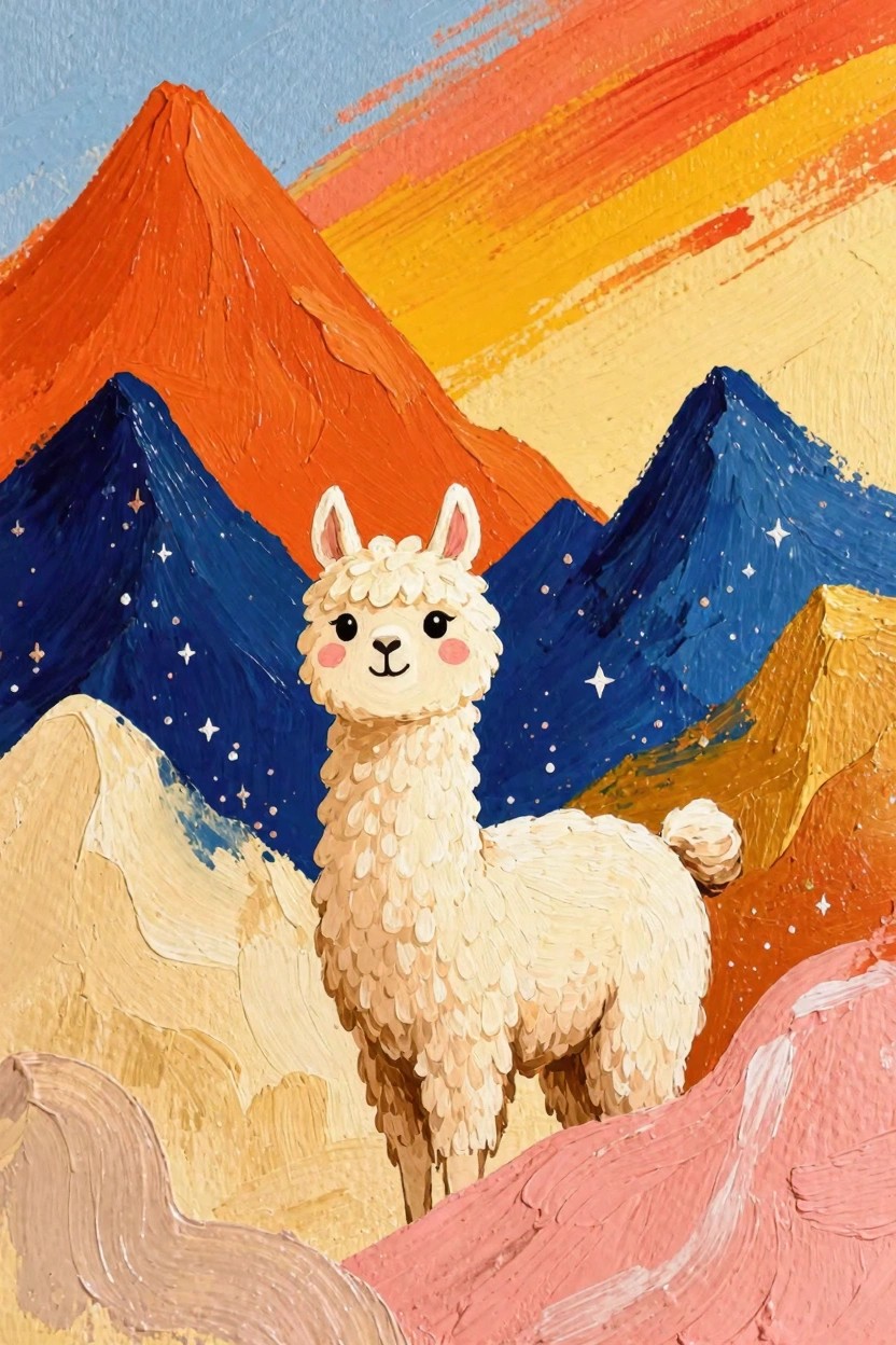 A white fluffy llama stands on rocks in front of colorful layered mountains under a rainbow sunset sky with stars.