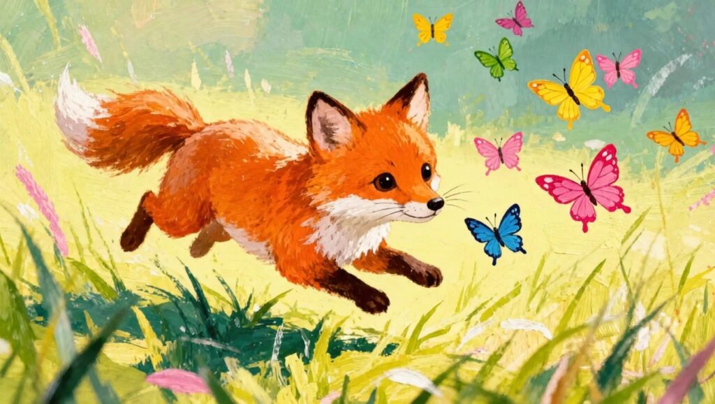 Orange fox leaping forward through green grass with pink flowers, yellow and blue butterflies, and a blue-green background.