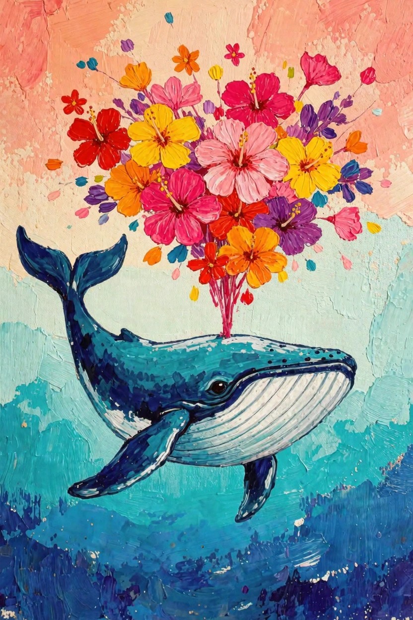 A blue humpback whale floats above blue waves with a bouquet of colorful tropical flowers bursting from its blowhole against a pinkish sky.