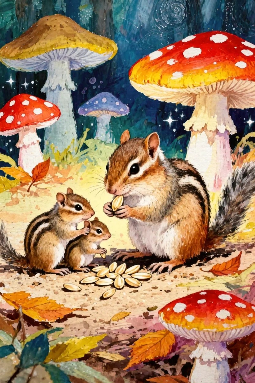 Three chipmunks eating seeds amid large colorful mushrooms and autumn leaves in a starry forest clearing.