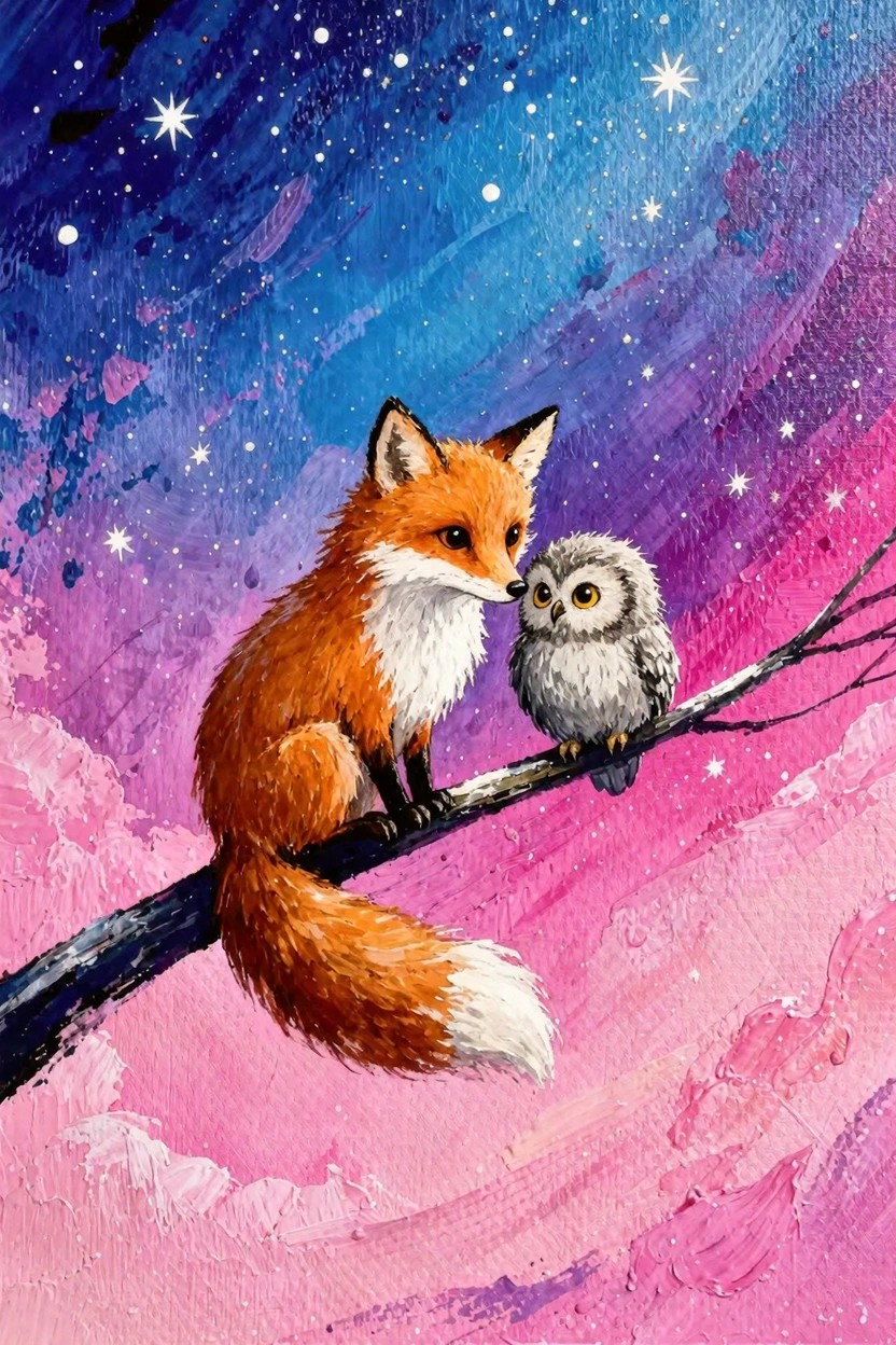 An orange fox sits next to a small white owl on a branch against a starry purple-pink sky.